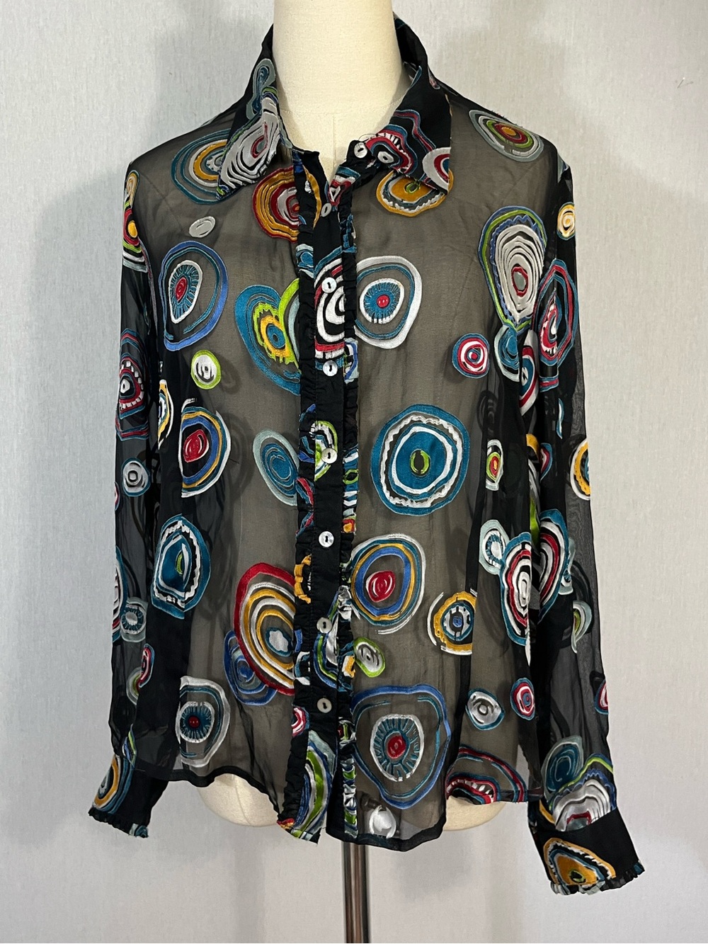 Yarns & Stitches Silk Rayon Sheer Black Button-Up Blouse Multicolor Circle Print